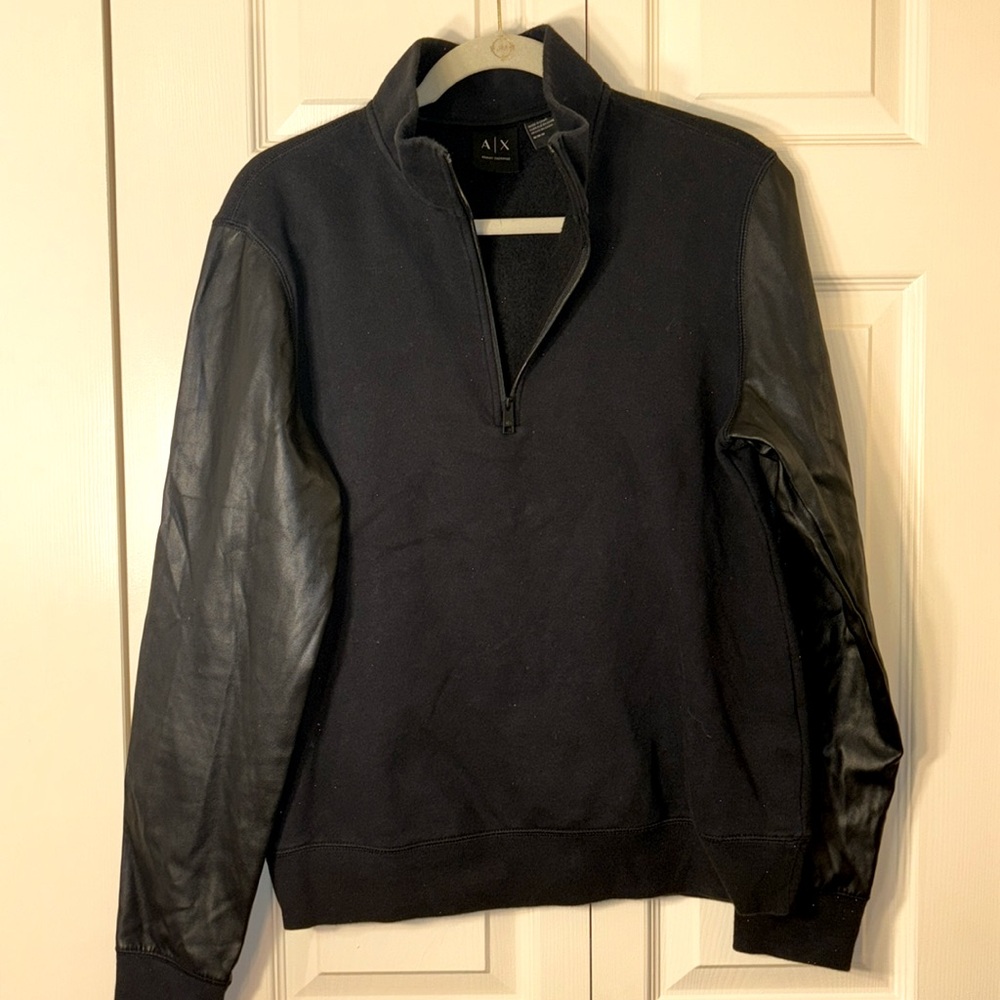 Men’s Armani Exchange halfway zip up Sweater Size Medium with Pleather sleeves